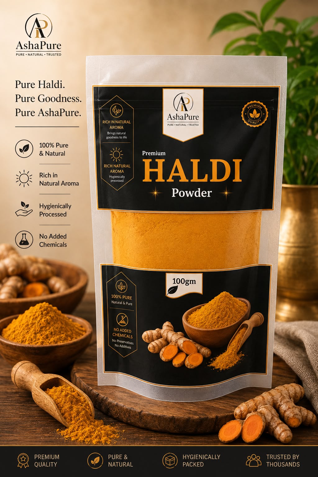 AshaPure Premium Haldi turmeric powder 200 g green and gold stand-up pouch
