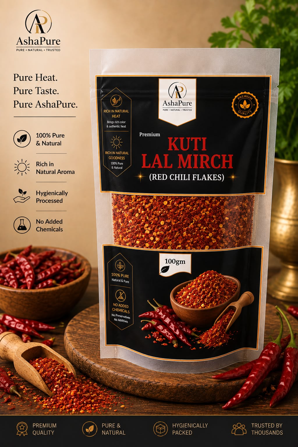 AshaPure Premium Kuti Lal Mirch crushed red chilli 100 g pouch